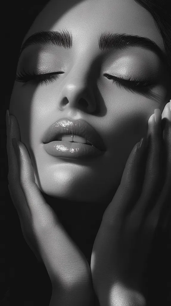 A black and white portrait of a woman with her eyes closed and her hands gently resting on her face. The image is lit with soft, dramatic lighting, emphasizing the woman's delicate features. Her lips are slightly parted, hinting at a sense of peace and tranquility. The image conveys a feeling of beauty, serenity, and vulnerability.