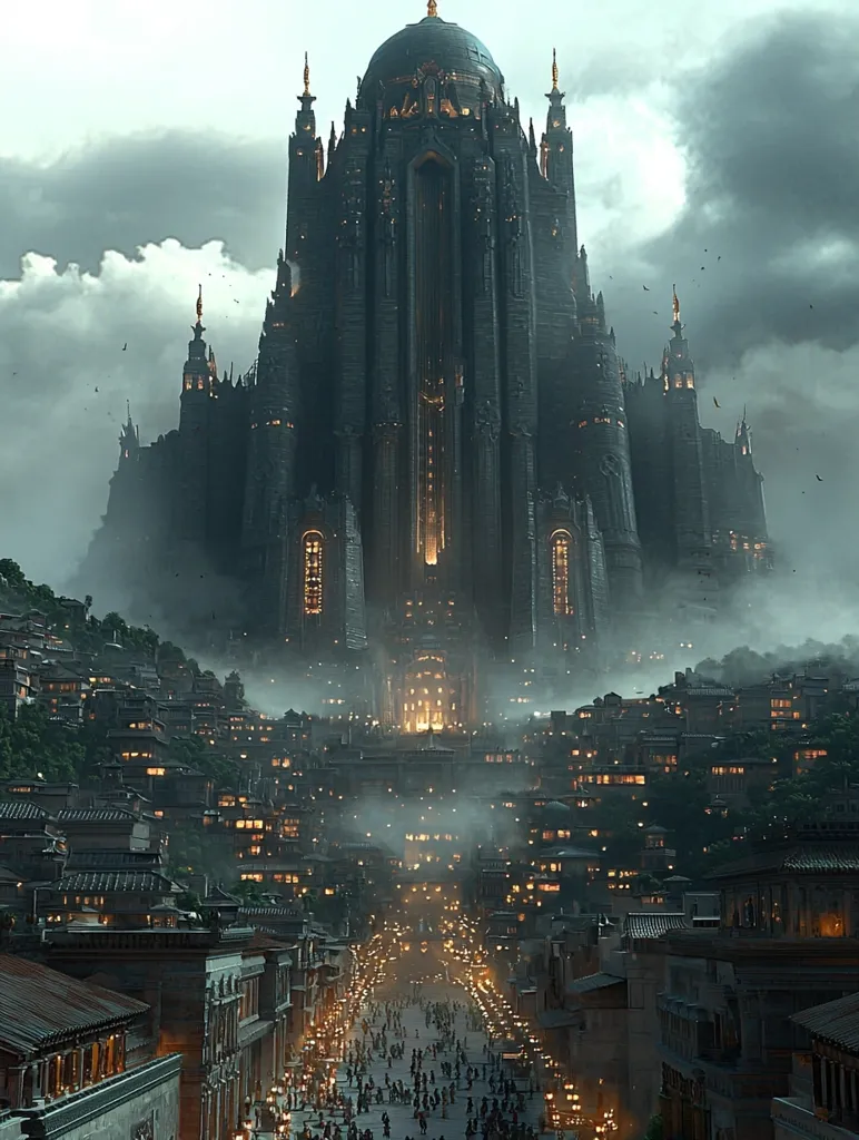 The image depicts a grand, imposing, dark-stone cathedral towering over a city. The building is ornately decorated with spires and arches, and its tall windows are illuminated with a warm, golden glow. The city below is shrouded in mist and dotted with lights, and a long, narrow street lined with people stretches toward the cathedral's base. The image evokes a sense of mystery and grandeur, suggesting a world of ancient magic and powerful institutions.