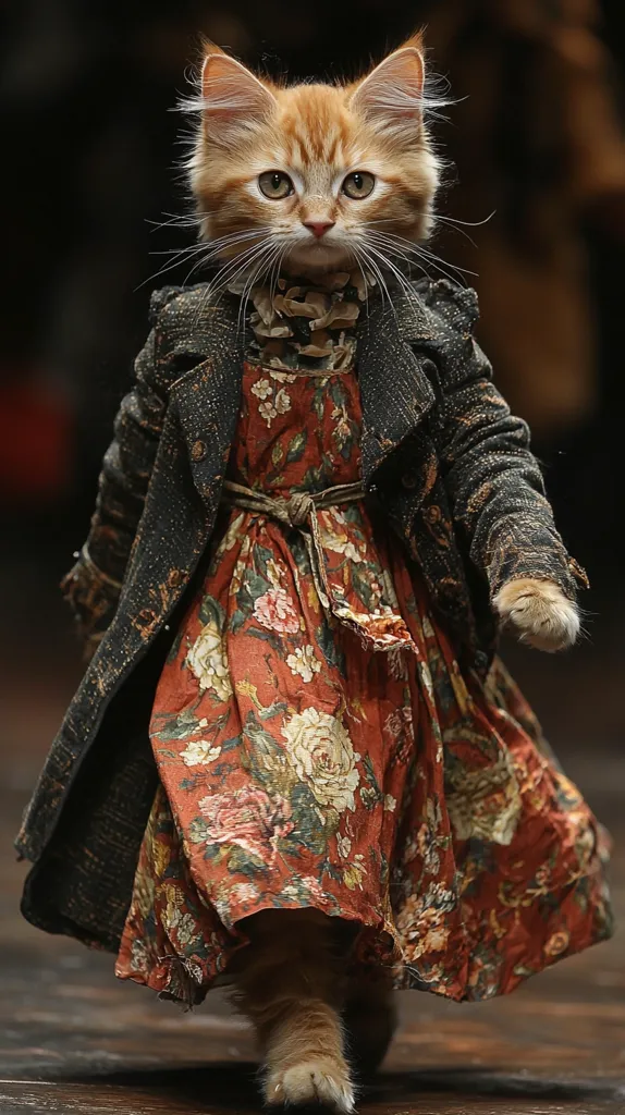 A ginger cat is dressed up in a long, floral dress and a dark jacket. It's walking towards the camera, looking slightly serious with its big, green eyes. The cat is posed in a fashion-forward way, making it appear as if it is on a runway. The dress is a beautiful mix of floral patterns in shades of red and orange, while the jacket adds a touch of sophistication. The cat's fur is fluffy and well-groomed, adding to its charming appearance. The image creates a whimsical contrast between the cat's natural behavior and its fashionable attire.