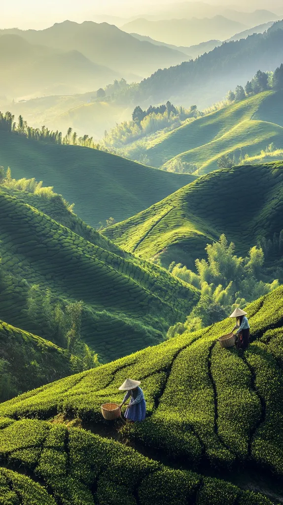 The image shows a lush green tea plantation nestled in the rolling hills of a mountainous region. Two women in traditional conical hats are harvesting tea leaves, adding a sense of human activity to the peaceful landscape. The mist-shrouded peaks in the distance create a sense of depth and serenity, making it a picturesque scene.