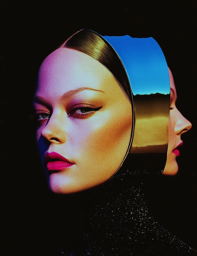 A woman with her hair pulled back wears a large, metallic, half-circle headpiece that covers one eye. The headpiece is a shimmering gold and blue, reflecting the light. Her face is illuminated by a spotlight, highlighting her cheekbones and the bright pink lipstick on her lips. The background is dark, creating a dramatic contrast.  The woman has an intense gaze.  The image evokes a sense of mystery and power.