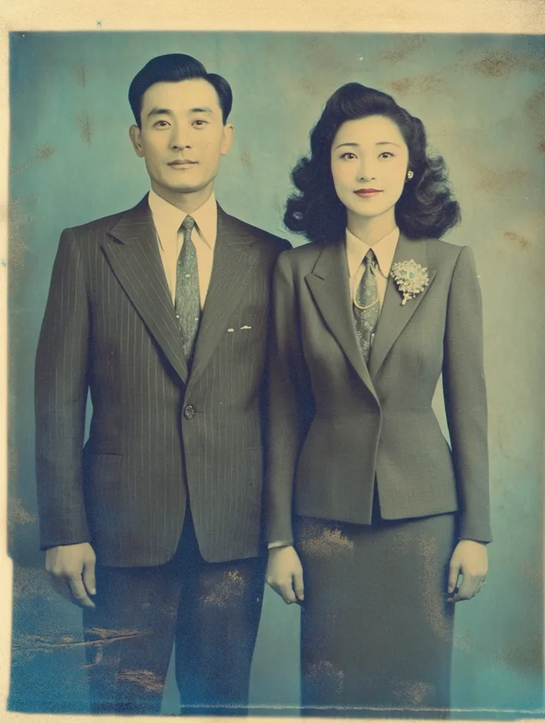 A man and woman, formally dressed in suits, stand side by side. The man, wearing a striped suit and a tie, stands with his hands clasped. The woman, in a tailored suit and a tie, has her hands clasped in front of her. Both have serious expressions, looking directly at the camera. The photo has a vintage feel with faded colors.