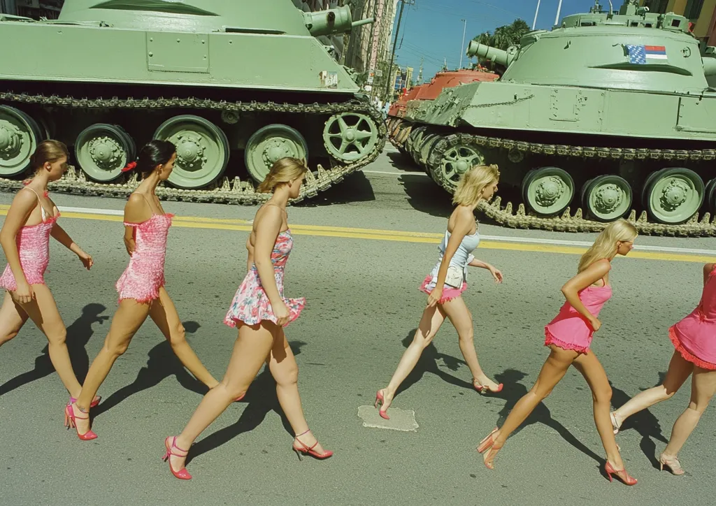 Five women in pink and floral dresses walk in front of two military tanks in a street. The women appear to be modeling for a photo shoot, their poses are confident and alluring. The tanks in the background add a contrasting element of power and masculinity, creating a visually striking juxtaposition.