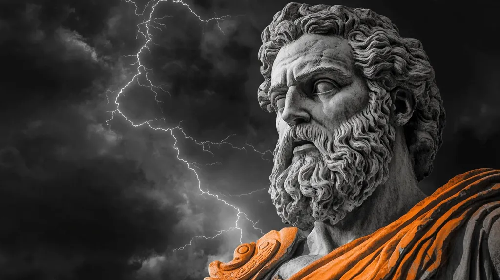A close-up image of a stone bust of a man with a beard, set against a stormy sky. The man's face is intense, with a furrowed brow and a stern expression. He is wearing a toga, and lightning strikes illuminate the background. The image evokes a sense of power and authority, as well as the potential for chaos. The contrast between the smooth stone of the bust and the wildness of the sky creates a powerful visual impact.
