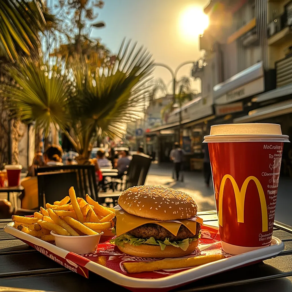 A delicious cheeseburger sits on a red tray next to a cup of coffee. French fries and a small bowl of ketchup are on the side. The sun is setting, casting a warm glow on the outdoor setting. The busy street is blurred in the background, adding to the relaxed atmosphere.