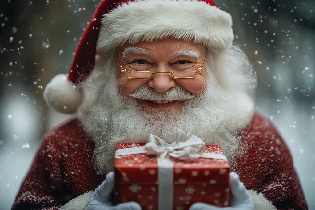 Santa Claus, dressed in his traditional red suit and white beard, smiles warmly as he holds a red gift box wrapped with a white ribbon. The snowy background suggests a winter wonderland.  He is wearing glasses and his kind eyes sparkle with holiday cheer.