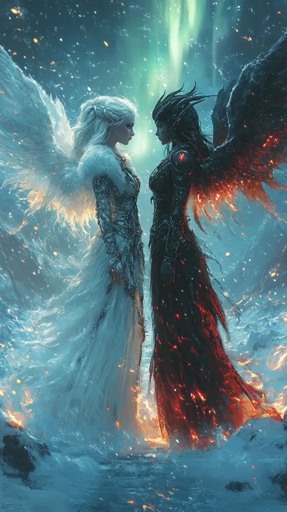 Two figures, one dressed in white with angel wings and one dressed in black with dark angel wings, stand opposite each other in a snowy landscape. The white figure is feminine with flowing hair and a gentle expression. The black figure is more imposing with a stern expression and a dark aura. Their contrasting appearances and poses suggest a conflict or dichotomy between light and dark. The image has a mystical and dramatic feel.