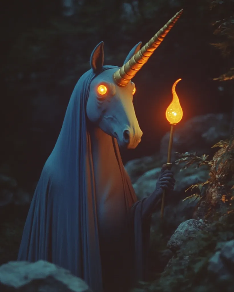 A cloaked figure, possibly a human wearing a unicorn costume, stands in a dark forest.  The figure's face is hidden, and it holds a glowing torch. The unicorn's horn is prominent, and its eyes glow with an eerie light. The overall mood of the image is mysterious and unsettling.