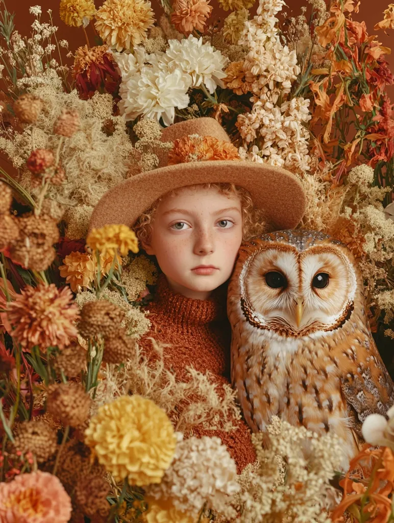 A young girl in a brown hat and sweater poses with a brown and white owl. They are surrounded by a  lush, autumnal arrangement of dried flowers in shades of orange, yellow, and brown.  The owl's large, dark eyes and the girl's soft features create a captivating contrast against the rustic background.  The image evokes a sense of nature's beauty and the peaceful tranquility of autumn.