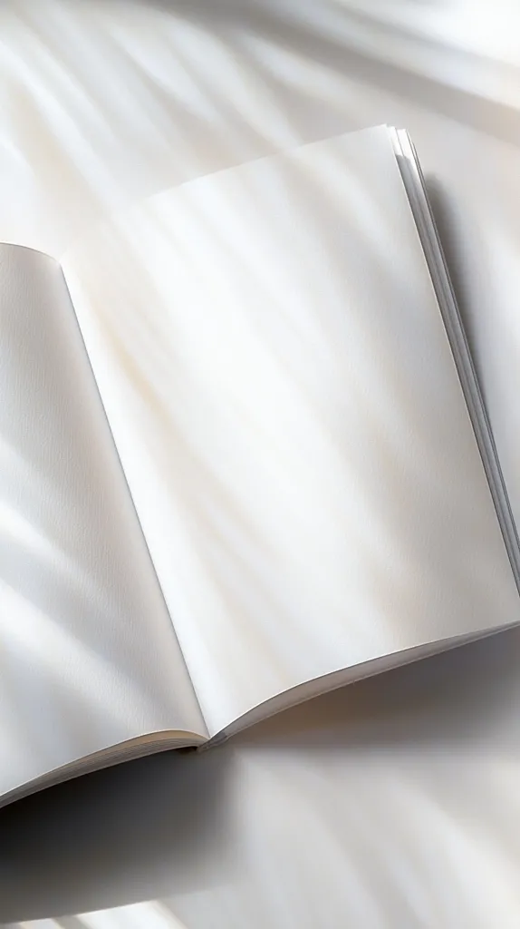 The image shows a blank, white book lying open on a white surface.  The book is lying flat, and its pages are spread wide open.  The surface is also white, and the image is shot from a high angle.  The book's pages are a slightly different shade of white from the surface, and the book casts a very subtle shadow on the surface.