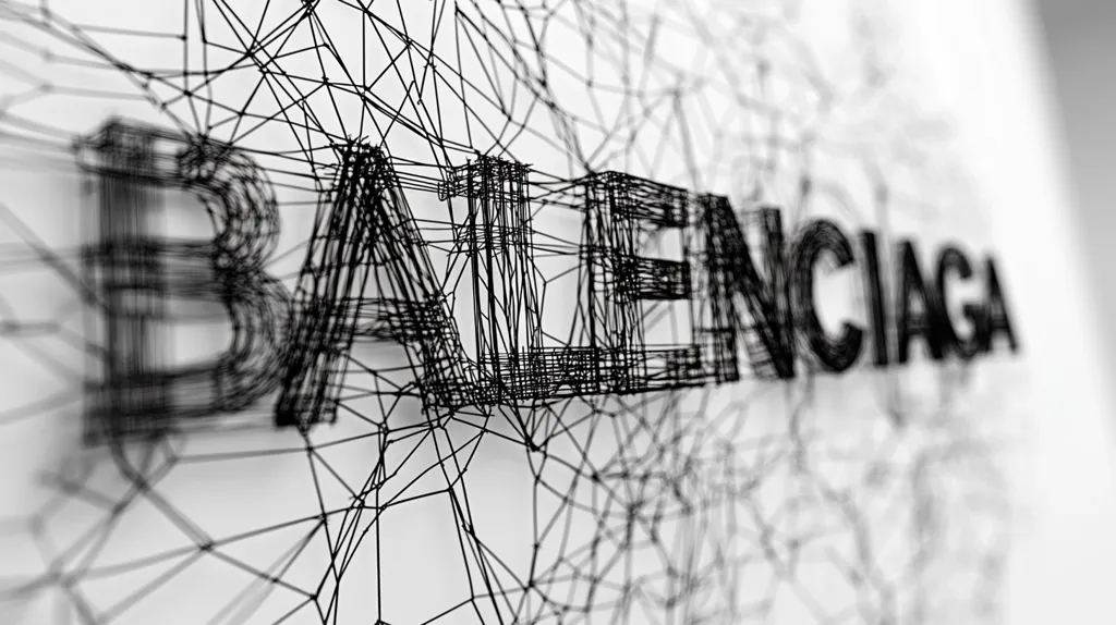 The image shows the word "BALENCIAGA" spelled out in a bold, black, sans serif font. The letters are constructed from a complex, overlapping network of thin black lines, creating a 3D effect. The background is a plain white, highlighting the intricate structure of the word. The overall aesthetic is modern, minimalist, and geometric.  The image is likely a design for a logo or branding element.