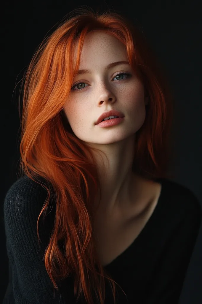 The image shows a young woman with long, flowing red hair. She is wearing a black top and has a soft, natural look. Her skin is fair, with freckles visible on her face. She is looking directly at the camera with a calm and serene expression. The background is dark, which creates a sense of intimacy and focus on the subject.  Her eyes are blue and her lips are a natural pink.  The overall image is one of beauty and simplicity.