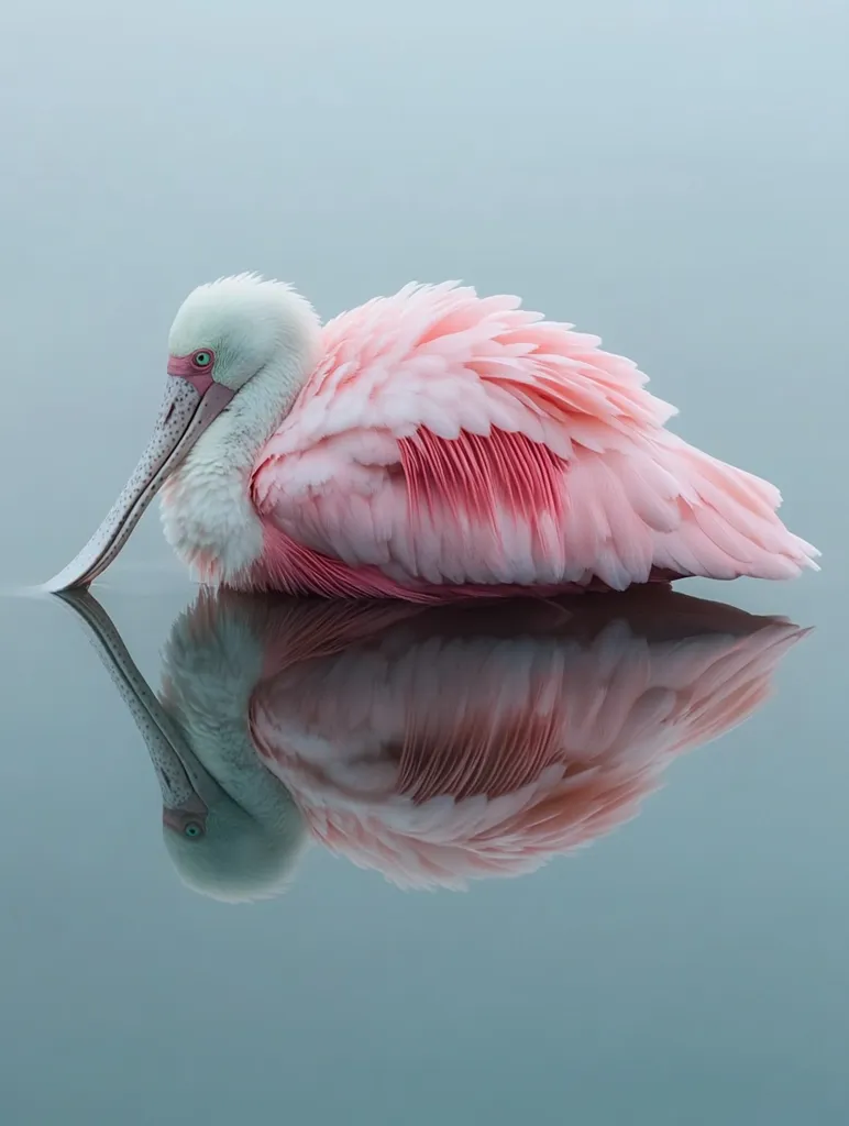 A roseate spoonbill with soft pink feathers rests its head on the water's surface, its long, thin bill pointed down towards the water. Its reflection is mirrored in the calm, blue water below.  The bird's soft, delicate plumage and the tranquil scene create a sense of serenity.  The soft, blue background completes the image.