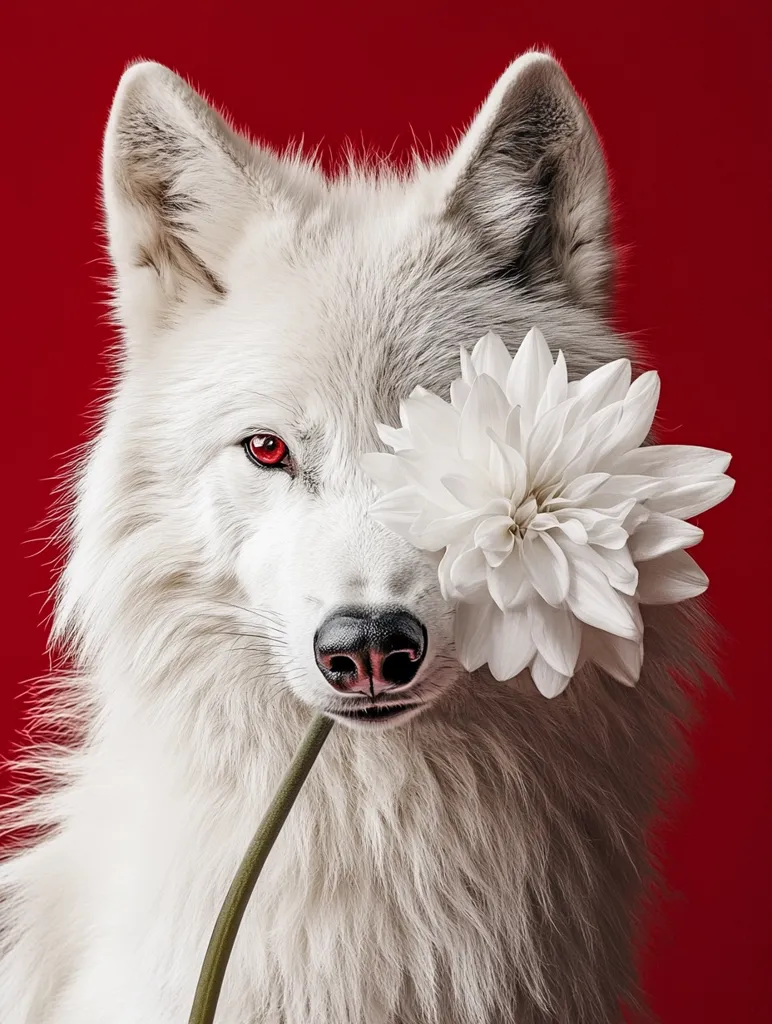 A white wolf with piercing red eyes stands against a vibrant red background. A large white flower covers one of its eyes, adding a touch of unexpected gentleness to the fierce creature. The wolf's fluffy fur and the flower's delicate petals create a captivating contrast, suggesting a hidden softness beneath the animal's wild exterior.