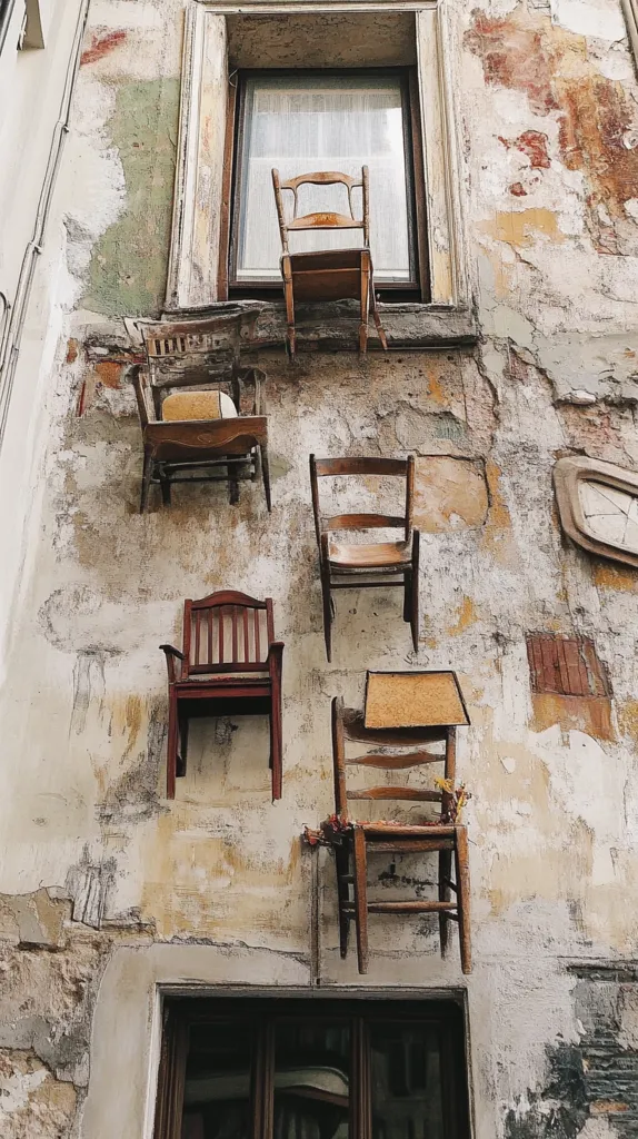 A weathered building exterior with a window and five chairs, seemingly propped up against the wall. The chairs are various styles, all made of wood with a simple, rustic aesthetic. The building facade is cracked and peeling, revealing layers of paint and plaster. The chairs create a whimsical and unexpected scene, adding a touch of life and color to the worn building.