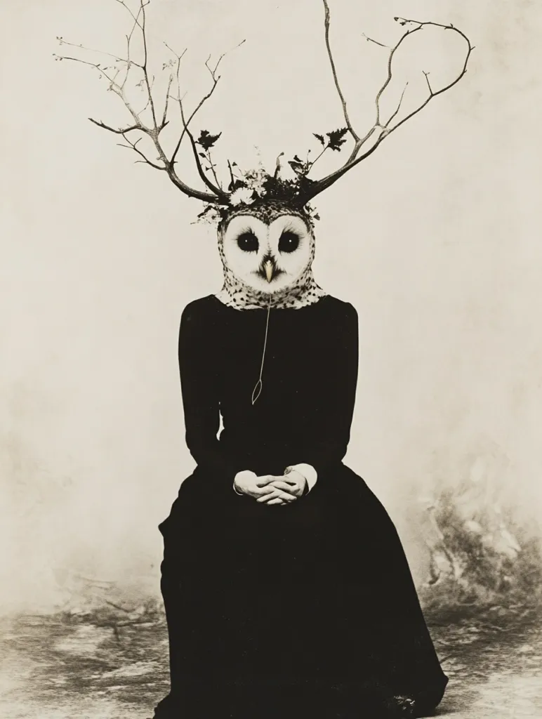 The image is a black and white portrait of a woman with an owl's head. The woman is wearing a long black dress and has antlers made of branches and leaves on her head. She has large, dark eyes and a sharp beak. Her hands are clasped in her lap. The background is a plain white wall. The image has a mysterious and eerie feel. The woman's posture is relaxed, but her expression is vacant. The overall effect is one of stillness and contemplation.