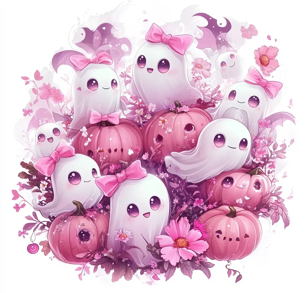 A group of adorable, cartoon ghosts with pink bows are surrounded by pink pumpkins and flowers. The ghosts have big, innocent eyes and are smiling. The scene is set in a magical, whimsical forest.  The colors are soft and pastel, creating a dreamy and sweet atmosphere.