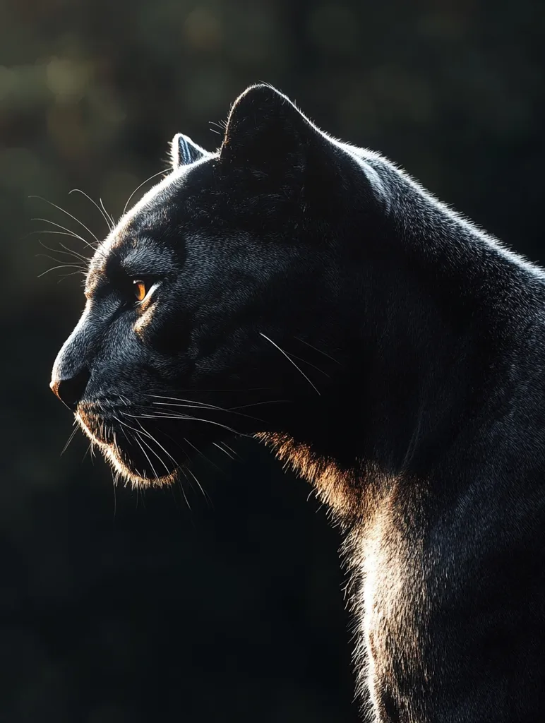 The image shows a black panther's profile, illuminated by the sun. The panther's dark fur contrasts with the soft light, highlighting its sharp features, including a piercing yellow eye. The panther's gaze is fixed on something out of frame, creating a sense of mystery and intrigue. The dark background and selective lighting emphasize the panther's predatory nature.
