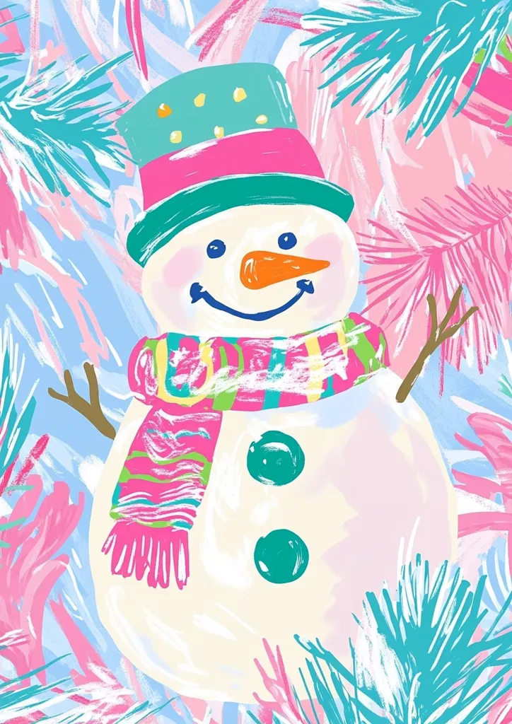 The image depicts a cartoon snowman with a bright pink and green hat, a striped scarf, and a crooked smile. The snowman is set against a colorful abstract background of pink, blue, and green swirls that resemble a winter wonderland. The image has a whimsical and playful feel, perfect for a holiday card or decoration.