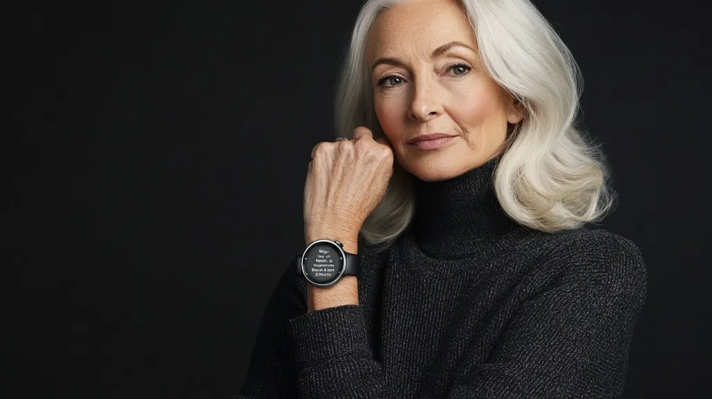 A woman with long, silver hair and a serious expression is wearing a black turtleneck sweater. She is looking directly at the camera with a slightly raised eyebrow. Her left hand is resting on her chin, and she is wearing a black smartwatch on her wrist. The background is a dark, blurred black.