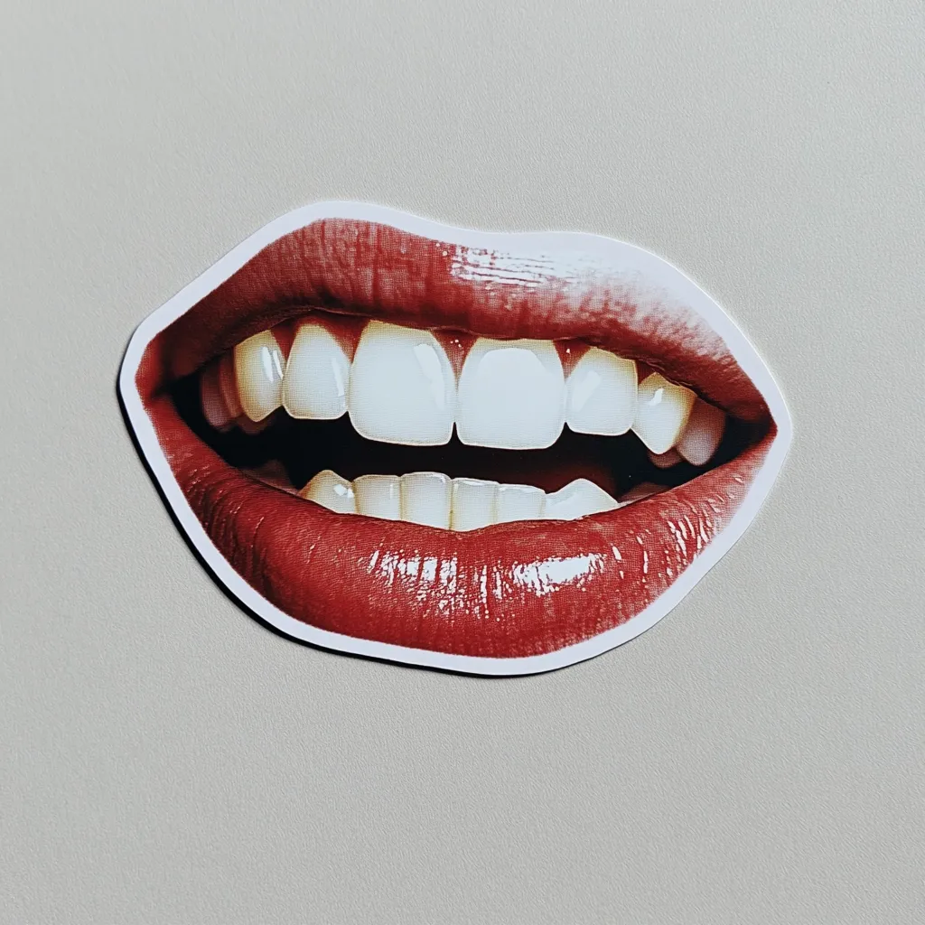 The image shows a close-up of a pair of red lips with a bright white smile. The lips are full and glossy, and the teeth are perfectly aligned. The image is likely a sticker, as it is on a plain background and has a white outline. The image is playful and suggestive, and it is likely meant to be eye-catching.