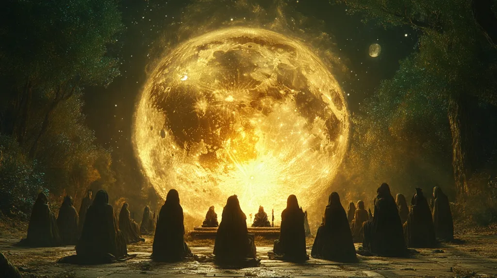 A group of people in hooded robes are gathered in a clearing. They are looking up at a giant, luminous, golden moon that fills the sky. The moon appears to be close enough to touch, and the light from it casts a warm glow on the figures. The image is full of mystery and awe.
