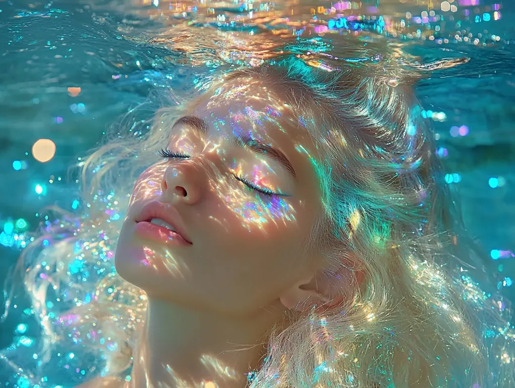 A woman with long blonde hair floats in a pool of water. Her eyes are closed and her face is illuminated by the sunlight refracting through the water. The light creates shimmering patterns on her skin and hair, making her look ethereal. The water is a vibrant blue, and the overall image is serene and dreamlike.