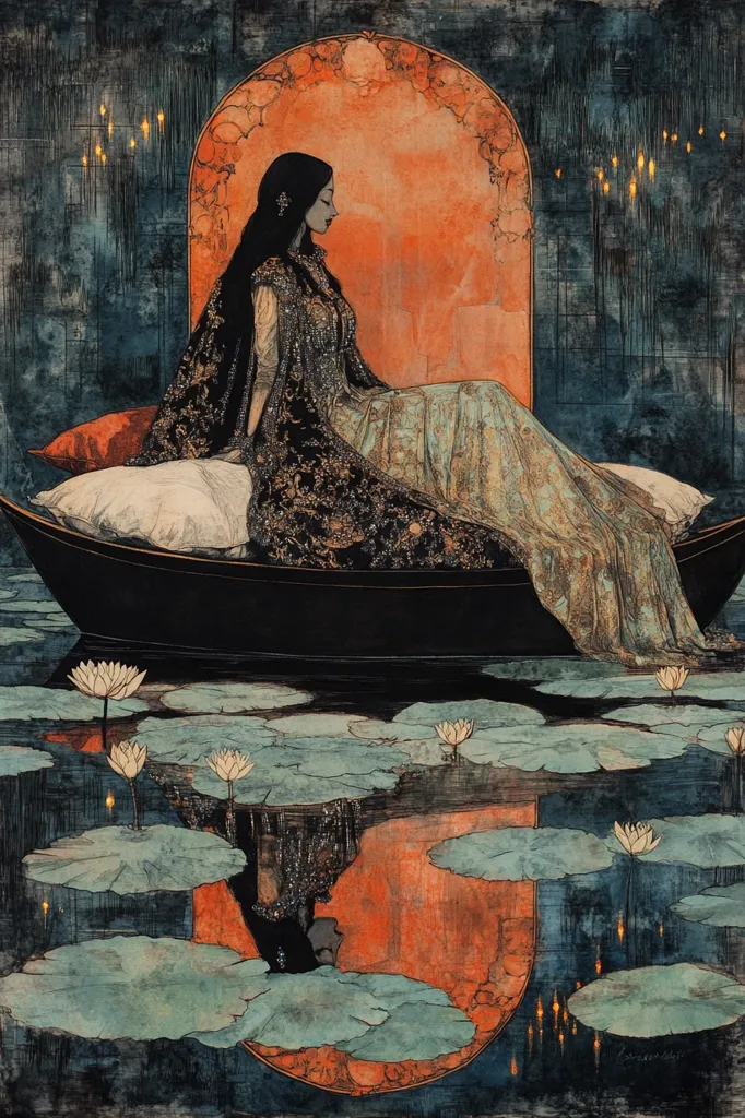A woman in a flowing gown sits in a small boat, her back to the viewer, looking out at the water lilies around her.  The boat is dark against the water, and the woman’s gown is patterned with gold and black.  She seems to be floating in an ethereal landscape, with a large orange arch behind her.  The water is dark blue with a reflection of the boat and the lilies.  The image has a dreamlike quality, with muted colours and a sense of mystery.