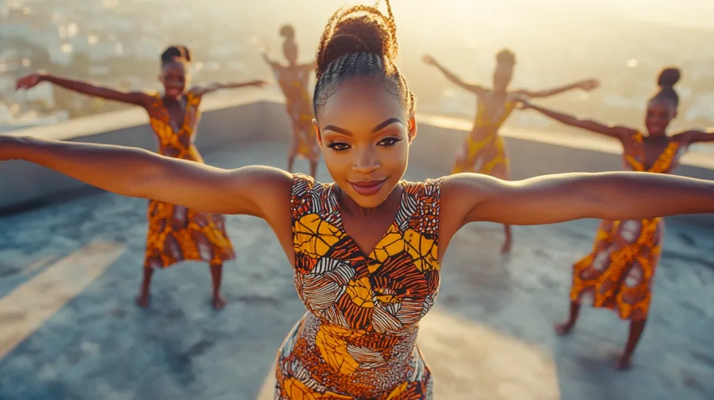 A young woman with intricate braids smiles towards the camera as she dances on a rooftop. She is surrounded by other women in colorful dresses. The light is golden, creating a warm and inviting atmosphere. The women's movements and their shared joy are palpable. The image evokes a sense of cultural pride and vibrant energy.