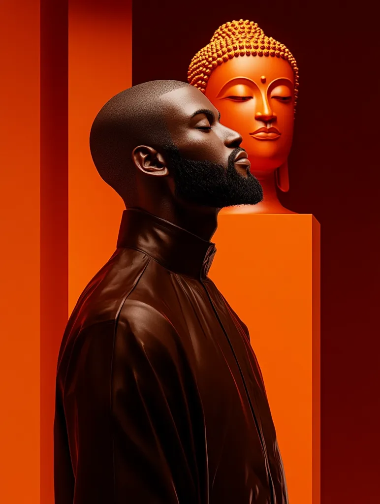 A black man with a beard and a brown leather jacket is looking at a Buddha statue.  The Buddha is in the upper right corner of the image, in a red-orange background. The man is in the left side of the image, with a red-orange background behind him.  There are vertical lines of orange and red-orange in the background.  The man and Buddha are both looking towards the right.