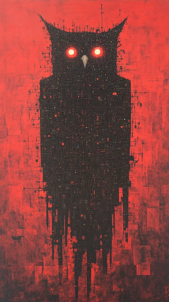 The painting features a large, black owl silhouette against a red background. The owl's body is composed of intricate, geometric patterns, resembling a city skyline or circuit board. The owl's eyes glow red, adding an eerie and otherworldly quality to the image. The overall effect is both abstract and unsettling, hinting at themes of technology, surveillance, and the potential darkness of the future.