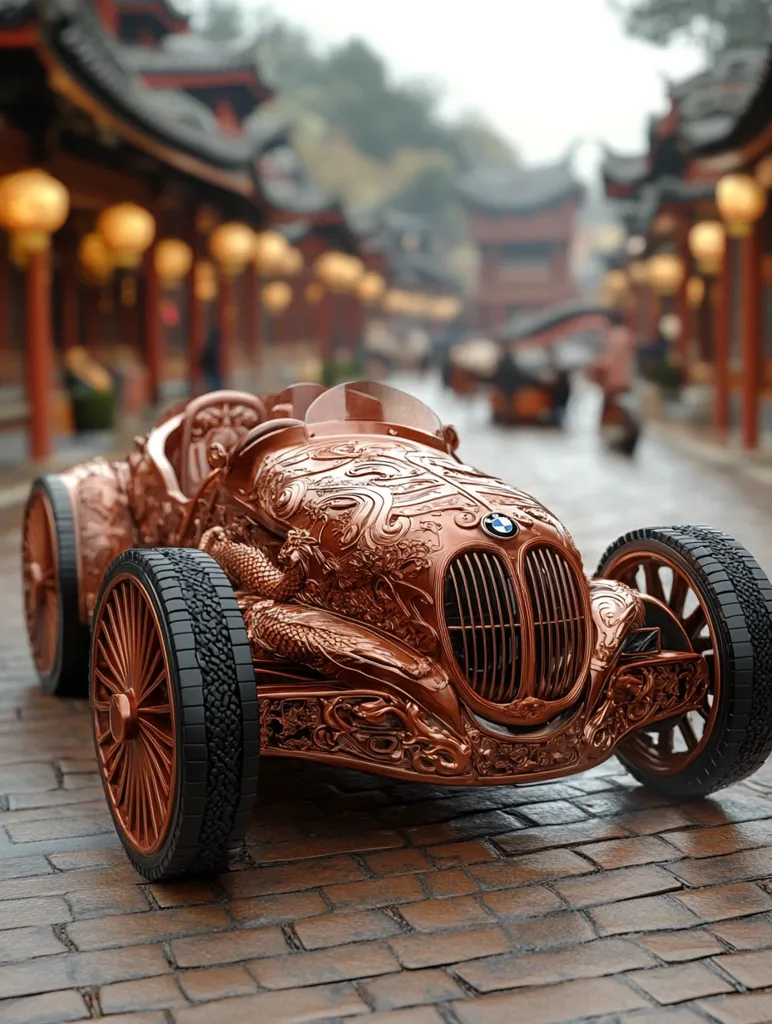 A copper-colored vintage car, intricately carved with dragon designs, is parked on a cobblestone street in front of a traditional Asian building. The car has large, spoked wheels and a detailed front grille. The background features a blurred image of the buildings and the street, suggesting a peaceful and serene setting. The overall image evokes a sense of luxury, craftsmanship, and cultural heritage.