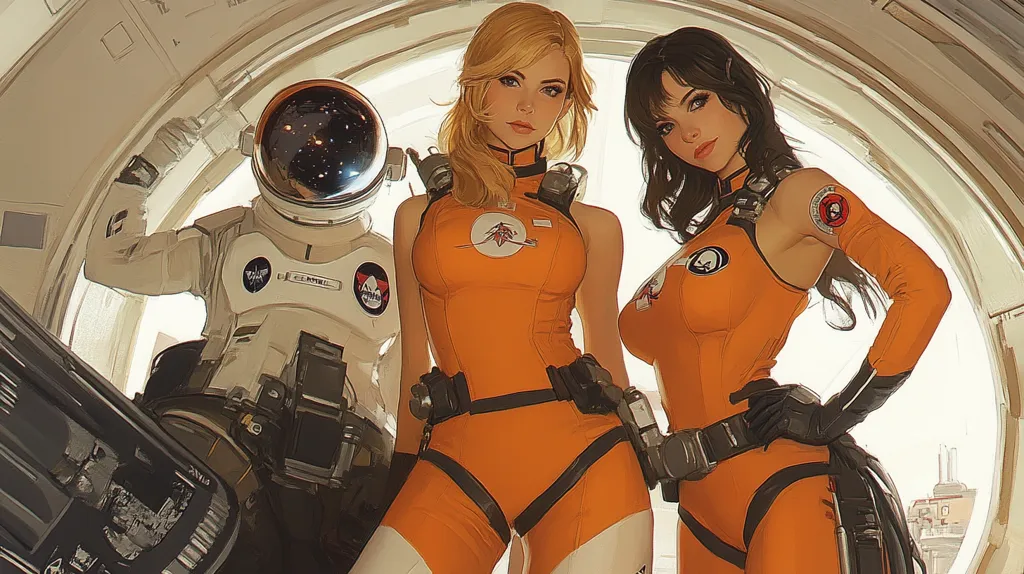 Three astronauts, two women and one man, stand in an airlock. The women wear bright orange spacesuits with black accents, and the man is wearing a classic white spacesuit with a black helmet. The women look confident and ready for space travel. The airlock is filled with the glow of sunlight through an open hatch.
