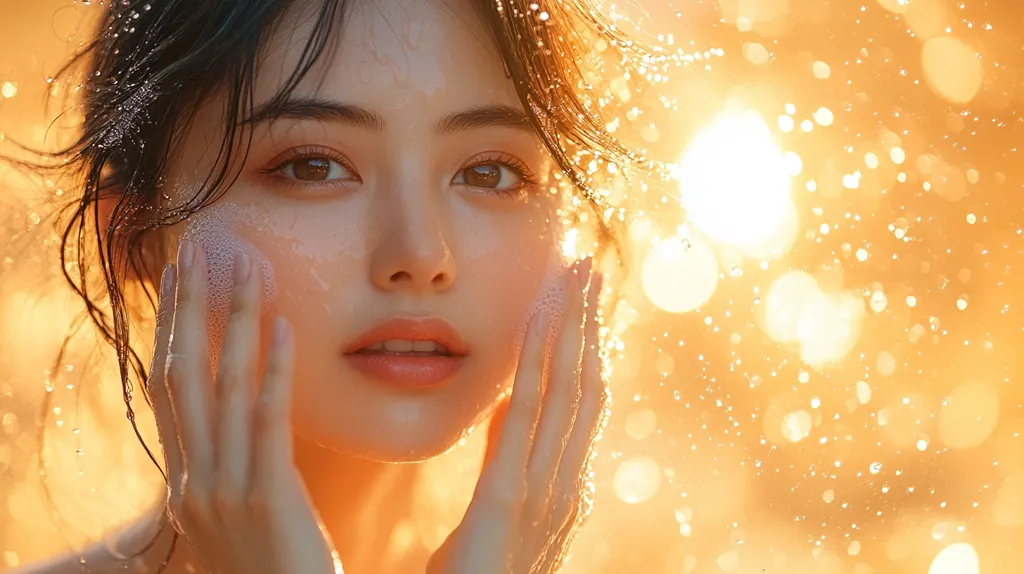 A woman with long black hair is shown from the chest up. She is standing in front of a blurred background of golden light and water droplets. She is touching her face and smiling. The light from behind her gives her skin a glow. The image has a soft, romantic feel.