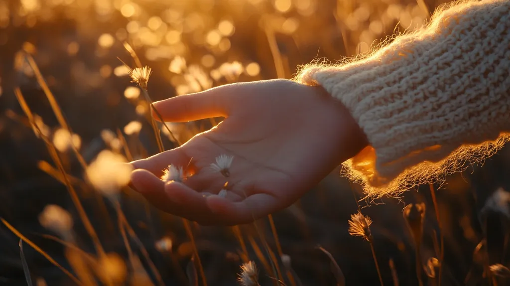 A hand reaches out, cupping the delicate white flowers of a field. The setting sun casts a warm golden glow, illuminating the scene and highlighting the soft, fuzzy texture of the hand's knitted sleeve. The image evokes a sense of peace and tranquility, capturing a moment of simple beauty in nature.