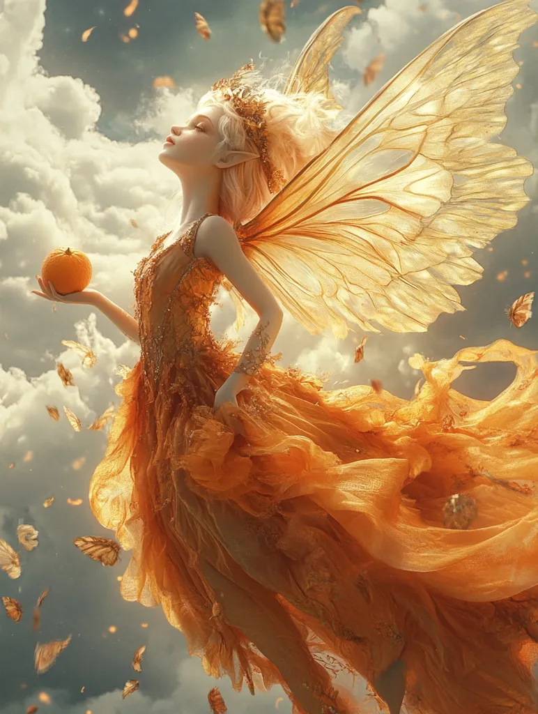 A fairy with golden wings and a flowing orange dress holds a small orange in her hand. She looks up towards the sky, her hair blowing in the wind. The image is filled with golden light, creating a sense of wonder and magic. Small butterflies flutter around her, adding to the whimsical atmosphere.