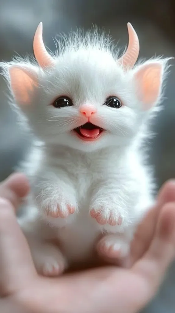 A small, white, fluffy creature with horns and big, bright eyes sits in the palm of a hand. It has a sweet expression and a tiny pink nose. Its paws are tucked in, and it looks like a cross between a cat and a mythical beast. The creature is very soft and cuddly.