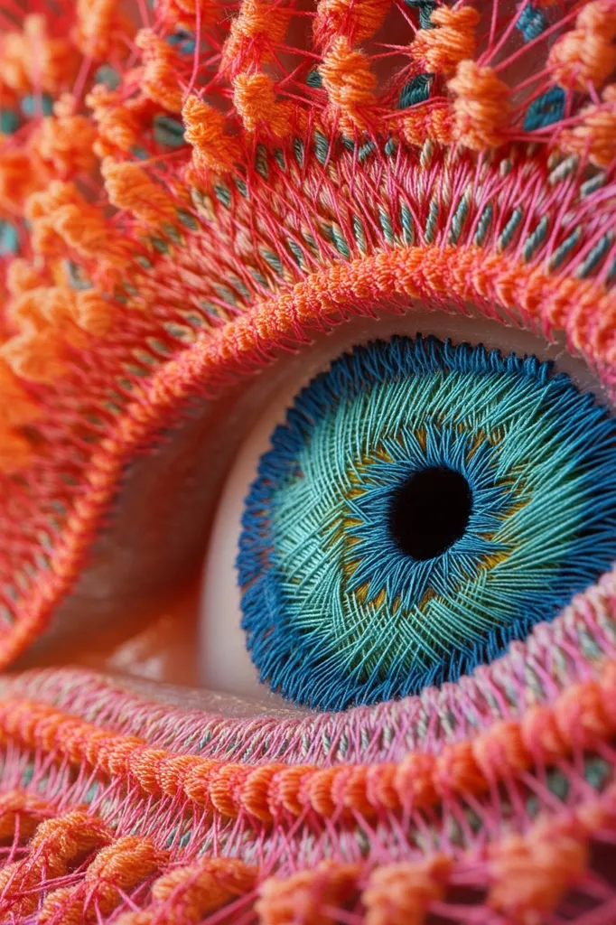 A close-up of a brightly colored eye made from yarn. The eye is blue and green with a black pupil and is surrounded by a reddish-orange yarn that creates the shape of an eyelid. The intricate details of the yarn create a mesmerizing texture.