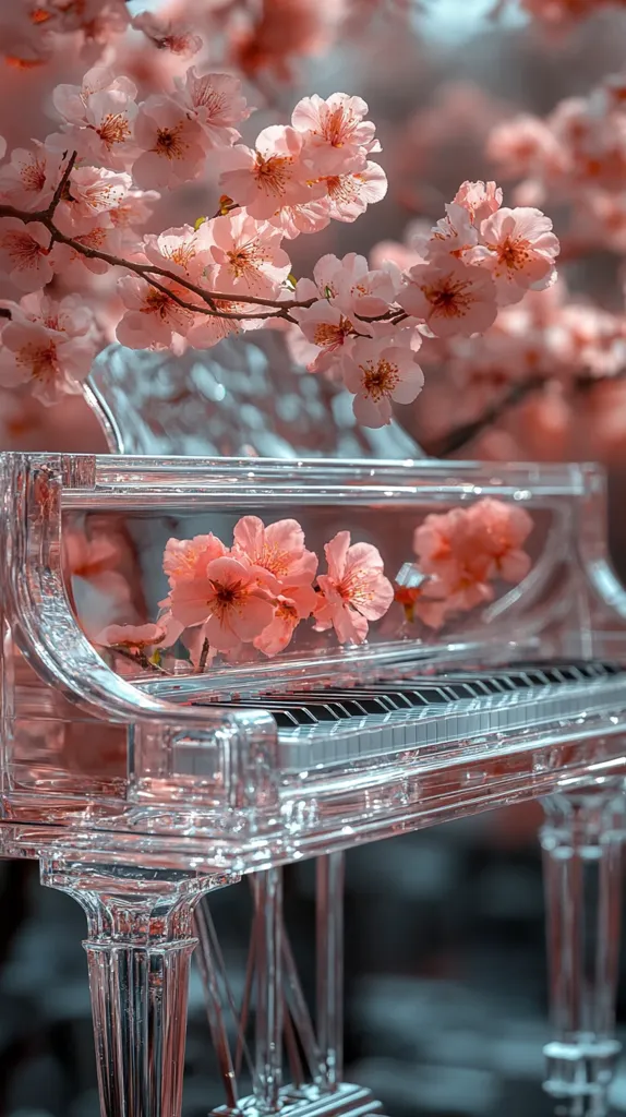 A crystal clear grand piano sits beneath a canopy of delicate pink cherry blossoms. The light shines through the transparent piano, casting a soft glow on the keys and the blossoms. The image evokes a sense of peace and tranquility, as if the piano is a place of serenity and inspiration.  The composition is visually striking, with the piano and the blossoms creating a harmonious contrast. The image suggests a musical moment frozen in time, waiting to be awakened by the touch of a musician.