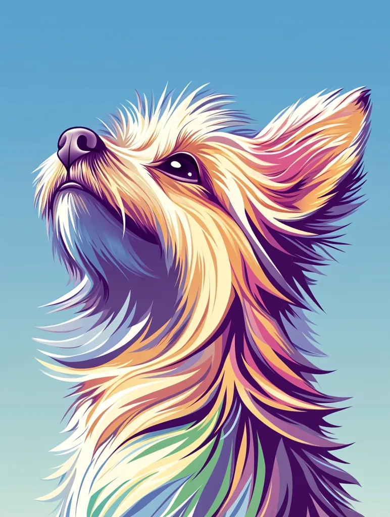 The image is a colorful, abstract portrait of a dog, likely a Yorkshire Terrier, looking up at the sky. The dog's fur is rendered in a variety of shades of blue, purple, yellow, and green, creating a vibrant and striking image. The background is a simple blue sky, highlighting the dog's fur. The dog's expression is one of curiosity and attentiveness, suggesting a playful and affectionate personality.  The overall style is whimsical and playful, capturing the essence of a beloved pet.