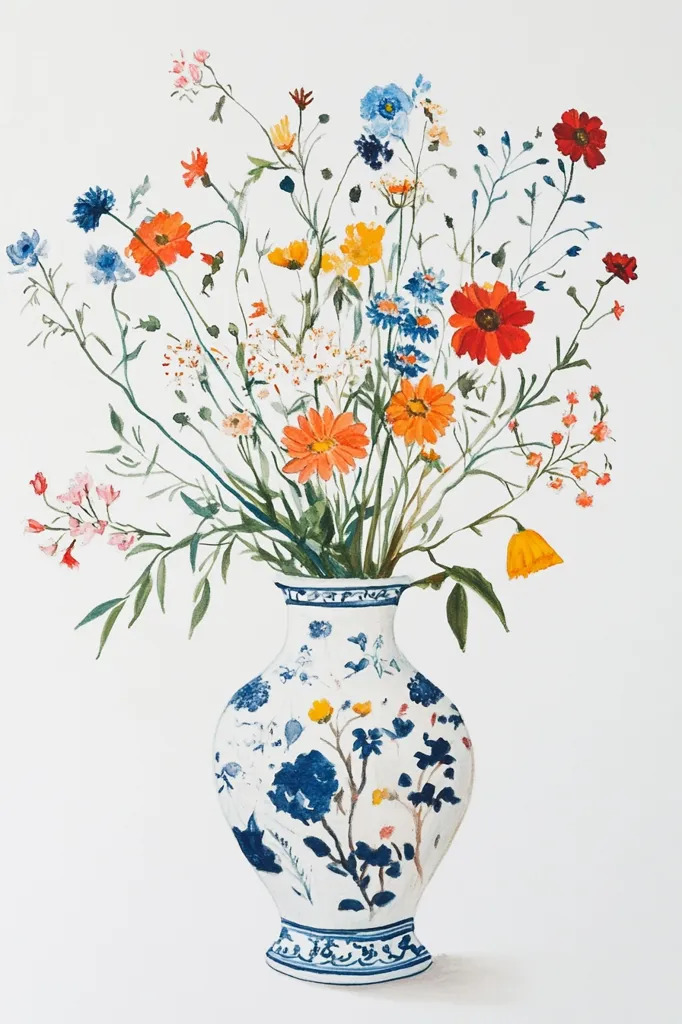 A watercolor painting depicts a vibrant bouquet of wildflowers in a blue and white porcelain vase. The flowers are in shades of orange, yellow, red, and blue, while the vase is intricately decorated with floral motifs. The painting captures the beauty of nature and the artistry of traditional Chinese pottery. The white background creates a clean and elegant backdrop for the colorful composition.