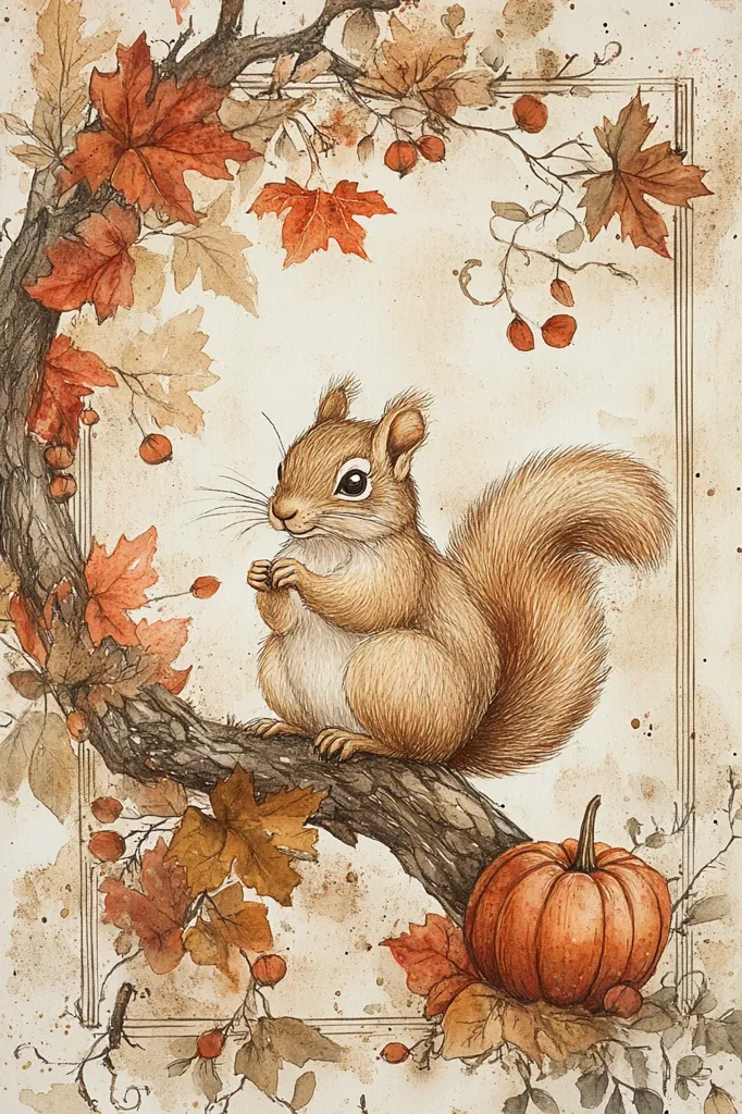 The image depicts a squirrel sitting on a branch in a fall setting.  The squirrel is brown with a bushy tail, and it is looking to the left.  The branch is covered in leaves that are changing color, and there are berries hanging from the branches.  In the lower right corner of the image, there is a pumpkin sitting on the ground. The image is rendered in a realistic style with watercolor techniques.  The overall tone is warm and inviting.