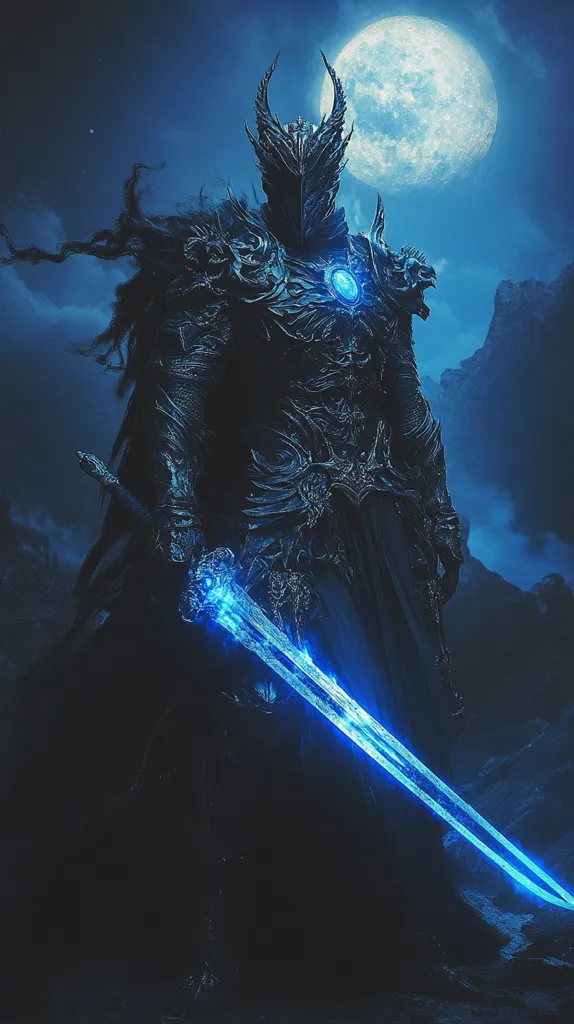 A dark, imposing figure clad in black armor stands before a bright moon. The figure holds a glowing blue sword, its blade emanating a fierce light. The image conveys a sense of power and mystery, as if this warrior is ready to face any challenge. The dark background and the moon's light create a dramatic and ethereal atmosphere.