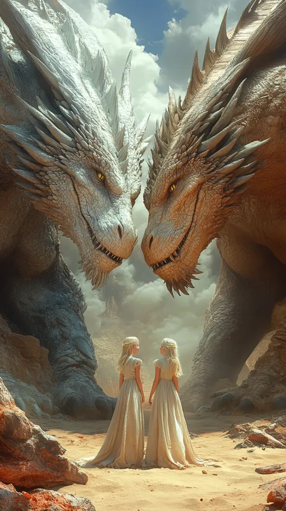Two massive, white dragons stand facing each other in a desert landscape. Their heads are close together, almost touching, as if they are in conversation. Two young women in long white dresses stand between them, their backs to the viewer. The scene is surreal and otherworldly, with a sense of power and mystery. The dragons' scales are detailed and textured, and the women's dresses flow gracefully in the wind. The background is filled with soft, pastel clouds and a hazy sky. The overall effect is one of awe and wonder.