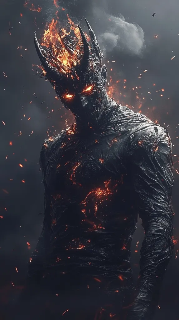 A demonic figure with horns and glowing red eyes emerges from a fiery vortex.  Its body is covered in dark, textured skin, and its limbs are long and slender. The figure is set against a dark background with sparks and smoke swirling around it, creating a dramatic and menacing atmosphere.  The image is likely a representation of a powerful and destructive force.