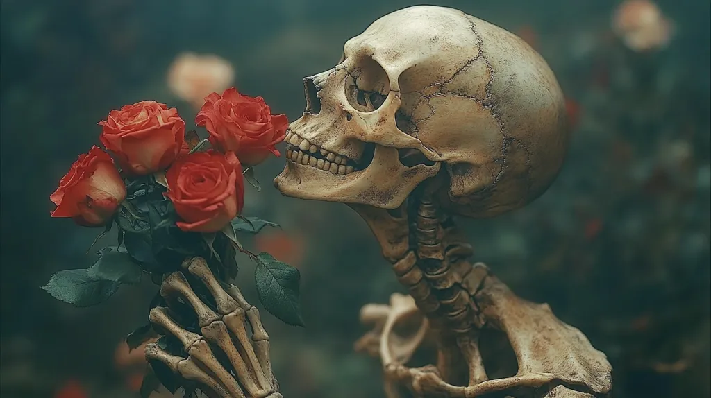 A human skeleton is holding a bouquet of red roses in its bony hand and is smelling the fragrance of the flowers. The skeleton is in a garden, with lush green foliage around it. The image has a dark and mysterious feel, but also a sense of beauty and life. The contrast between the skeletal figure and the vibrant flowers creates a powerful visual effect. The image might evoke thoughts about mortality, life, and the cycle of nature.