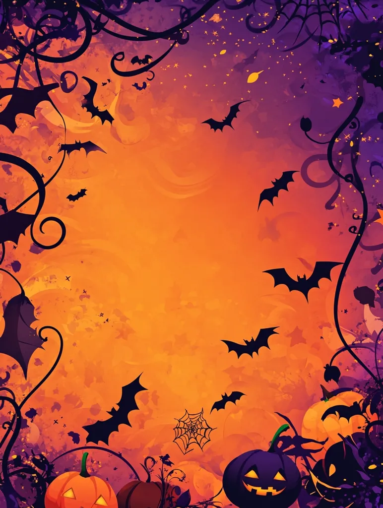 A Halloween-themed background with an orange and purple gradient. Silhouettes of bats fly through the air, and a spider web hangs in the center.  Three pumpkins sit in the foreground, their faces carved with eerie grins.  The image is set against a backdrop of swirling vines and scattered stars.