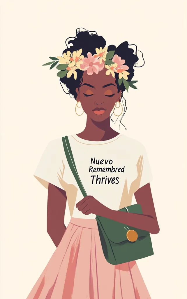 A Black woman with a flower crown and hoop earrings is wearing a white T-shirt with the words "Nuevo Remembered Thrives" printed on it, a pink skirt, and a green bag. She is looking down with her eyes closed. The image is in a simple and minimalist style.  The woman appears calm and peaceful.  The overall tone of the image is one of hope and resilience.