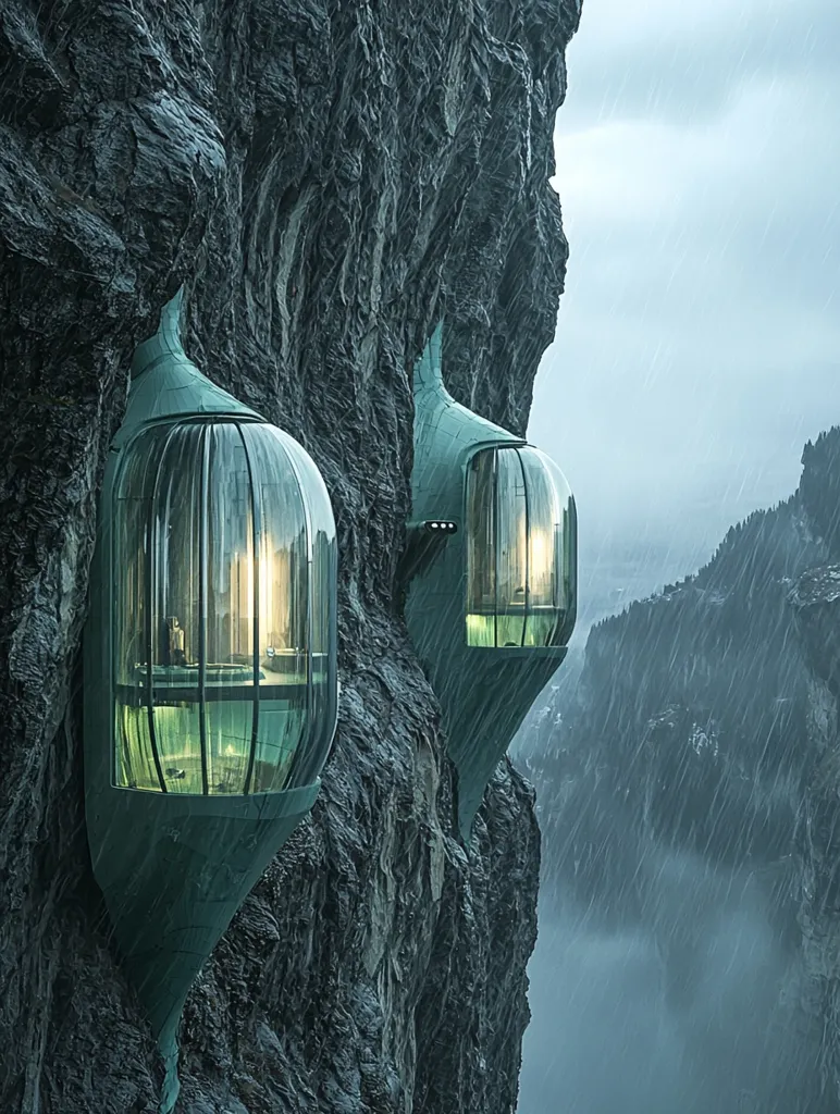 Two futuristic glass pods, resembling teardrops, are nestled into a sheer cliff face. The pods are built into the rock and offer a stunning view of the misty valley below.  Rain falls heavily, creating a dramatic and atmospheric scene.  The pods are likely luxurious accommodations offering a unique and unforgettable experience.