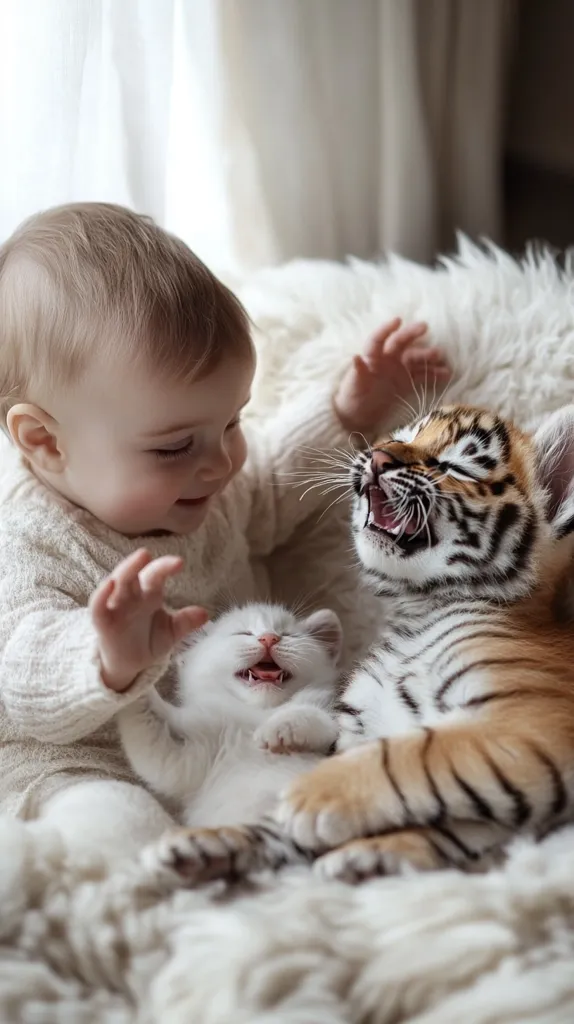 A baby in a white sweater is lying on a fluffy white blanket with a white kitten and a tiger cub. The baby is smiling and looking at the camera. The kitten is meowing and the tiger cub is growling. The scene is playful and innocent, suggesting a love for animals and a sense of wonder. The soft lighting and fluffy textures add to the overall cuteness of the image.